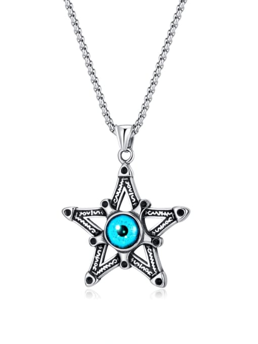 [2204] Pendant + pearl chain 35+5CM Titanium Steel Evil Eye Vintage Pentagram Pendant Necklace